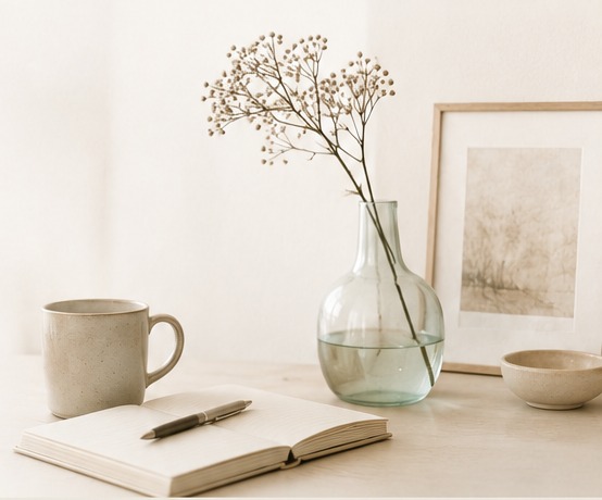 Warme creatieve werkplek met notitieboek en koffie